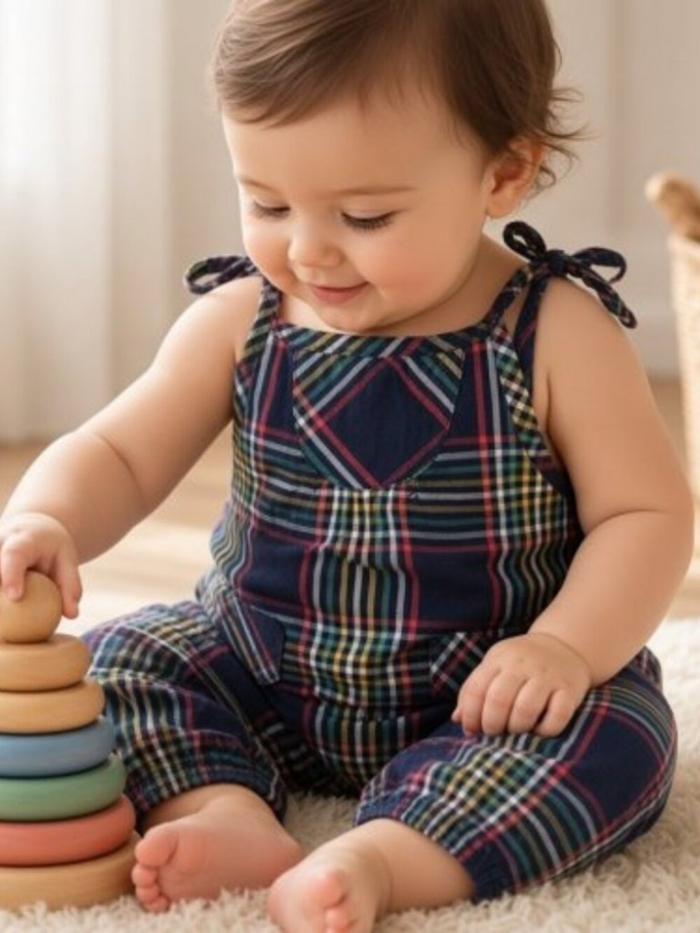 HANNA ANDERSSON Navy Blue Plaid Overalls Romper Girls 60 3-6 months